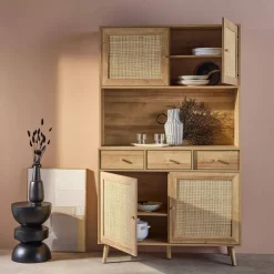 Credenza decorazione in legno e cannage 4 ante e 3 cassetti, 110cm