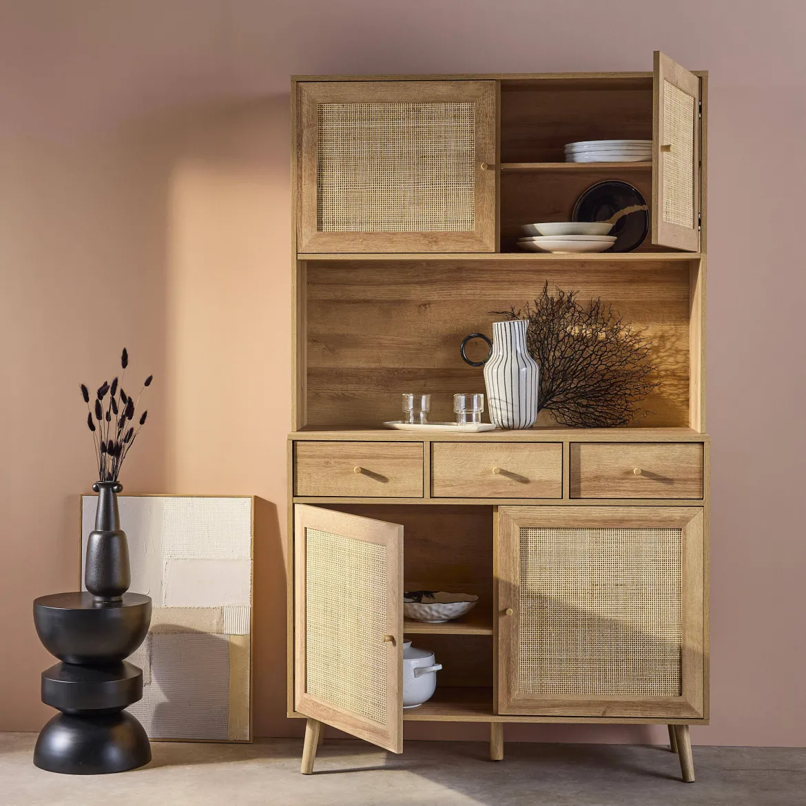 Credenza decorazione in legno e cannage 4 ante e 3 cassetti, 110cm