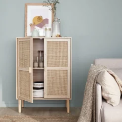 Credenza effetto canna e legno a 2 ante, 80cm