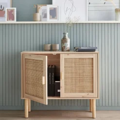 Credenza effetto canna e legno a 2 ante, 80cm