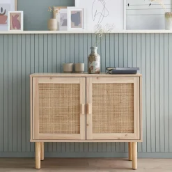 Credenza effetto canna e legno a 2 ante, 80cm