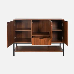 Credenza effetto legno tinto noce e metallo a 3 ante, 110cm