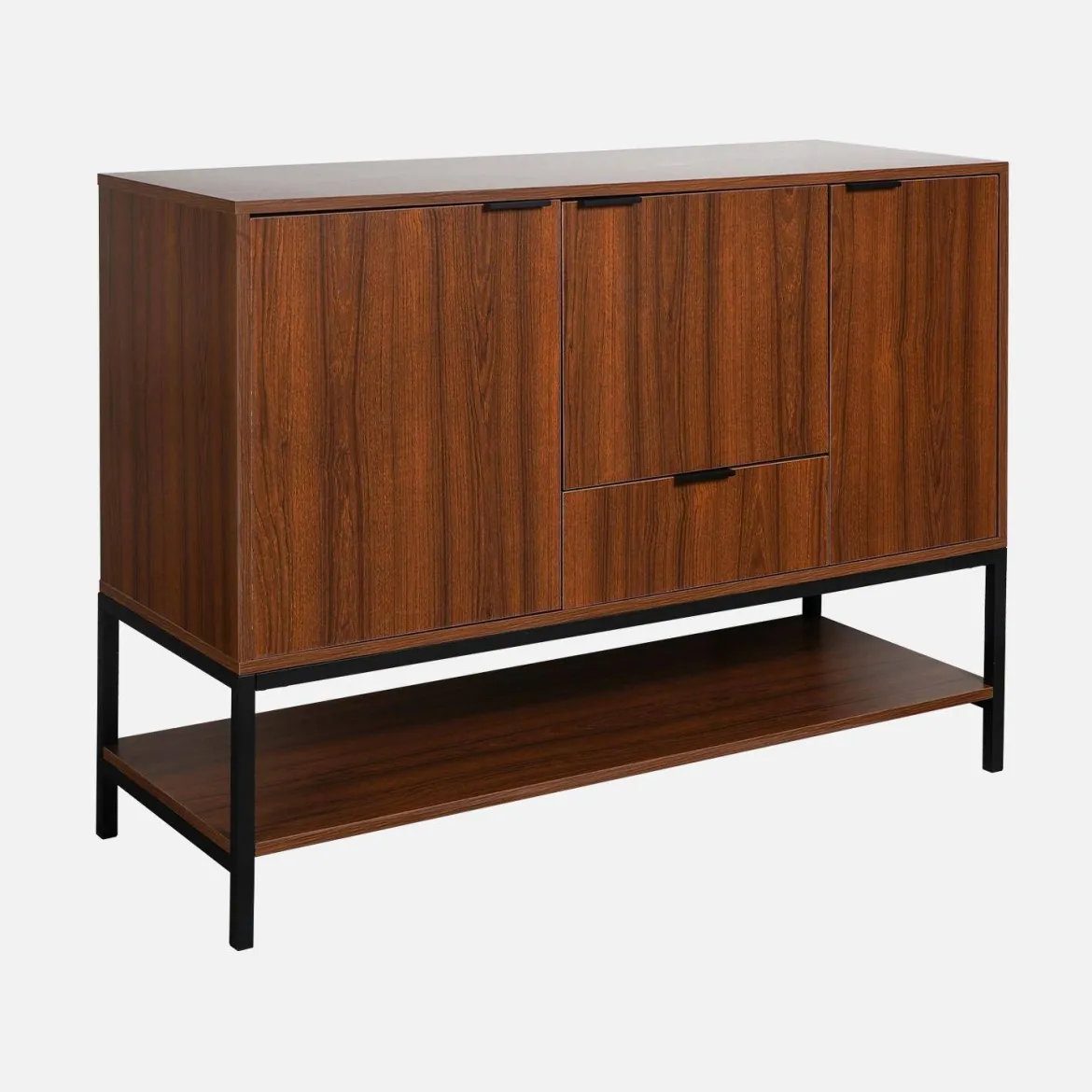 Credenza effetto legno tinto noce e metallo a 3 ante, 110cm