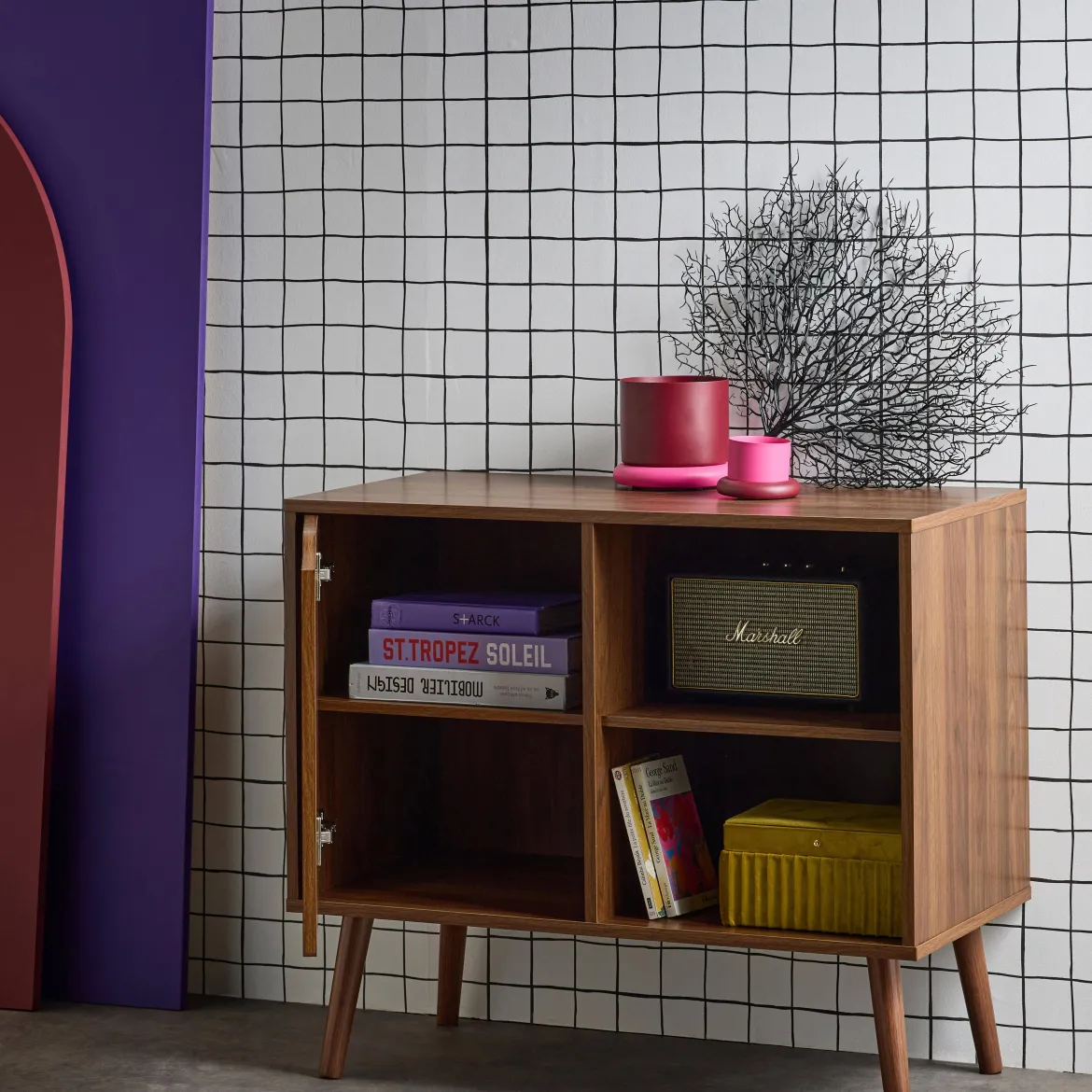 Credenza effetto noce 1 anta, 2 ripiani, 80cm