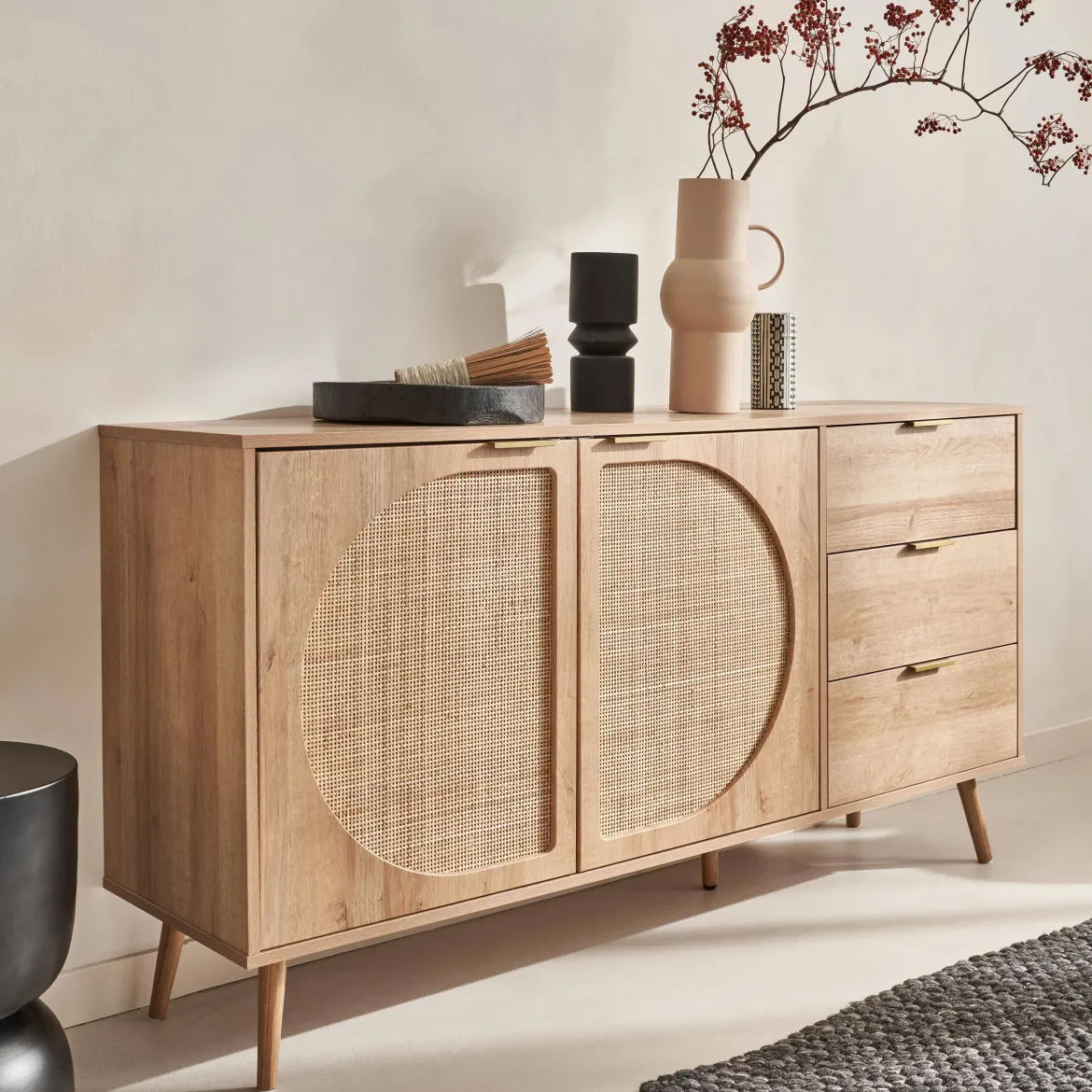 Credenza in legno e canna a 2 ante e 3 cassetti, 150cm