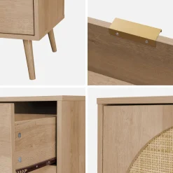 Credenza in legno e canna a 2 ante e 3 cassetti, 150cm