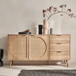 Credenza in legno e canna a 2 ante e 3 cassetti, 150cm