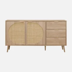 Credenza in legno e canna a 2 ante e 3 cassetti, 150cm