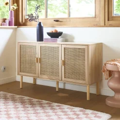Credenza in vimini ed effetto legno a 3 ante, 120cm