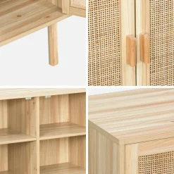 Credenza in vimini ed effetto legno a 3 ante, 120cm