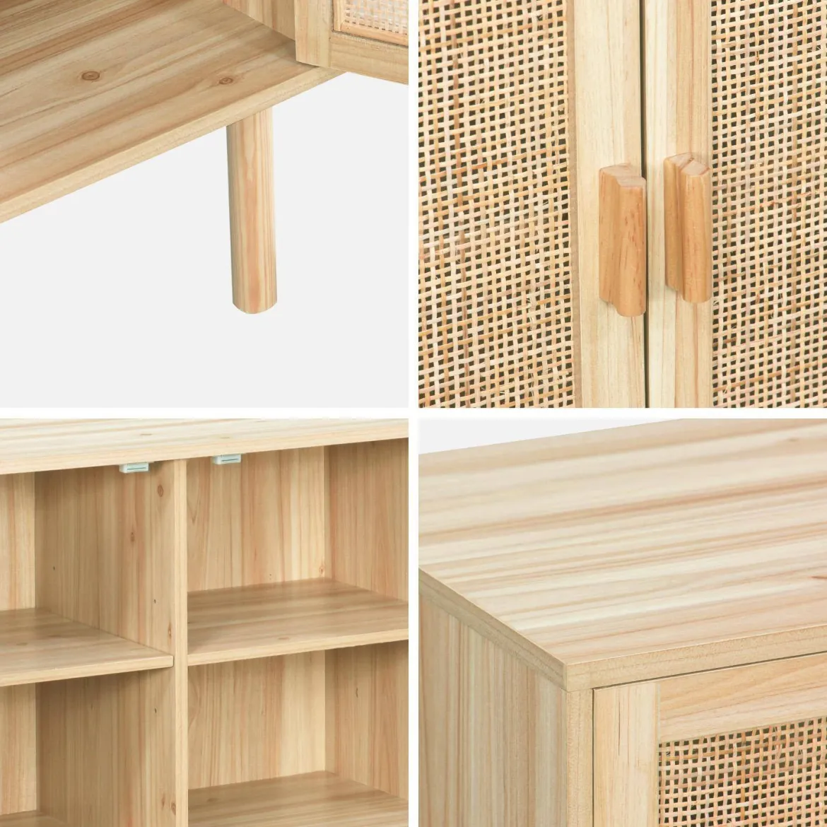 Credenza in vimini ed effetto legno a 3 ante, 120cm