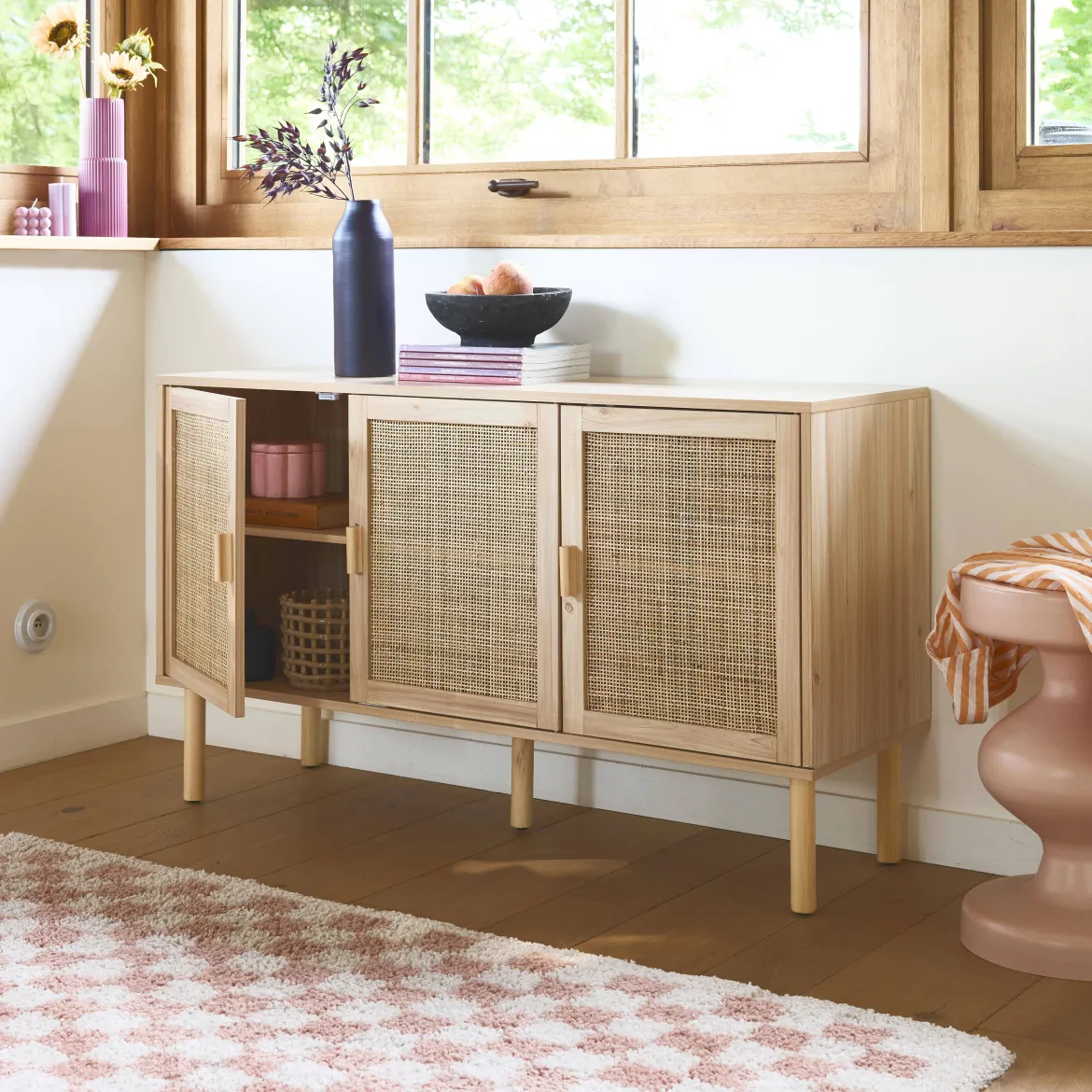 Credenza in vimini ed effetto legno a 3 ante, 120cm