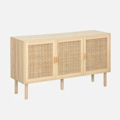 Credenza in vimini ed effetto legno a 3 ante, 120cm