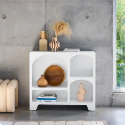 Credenza organica a 4 scomparti effetto legno bianco, 90cm