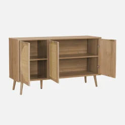 Credenza scandinava con decoro in legno e canna, 120cm