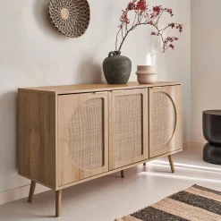 Credenza scandinava con decoro in legno e canna, 120cm