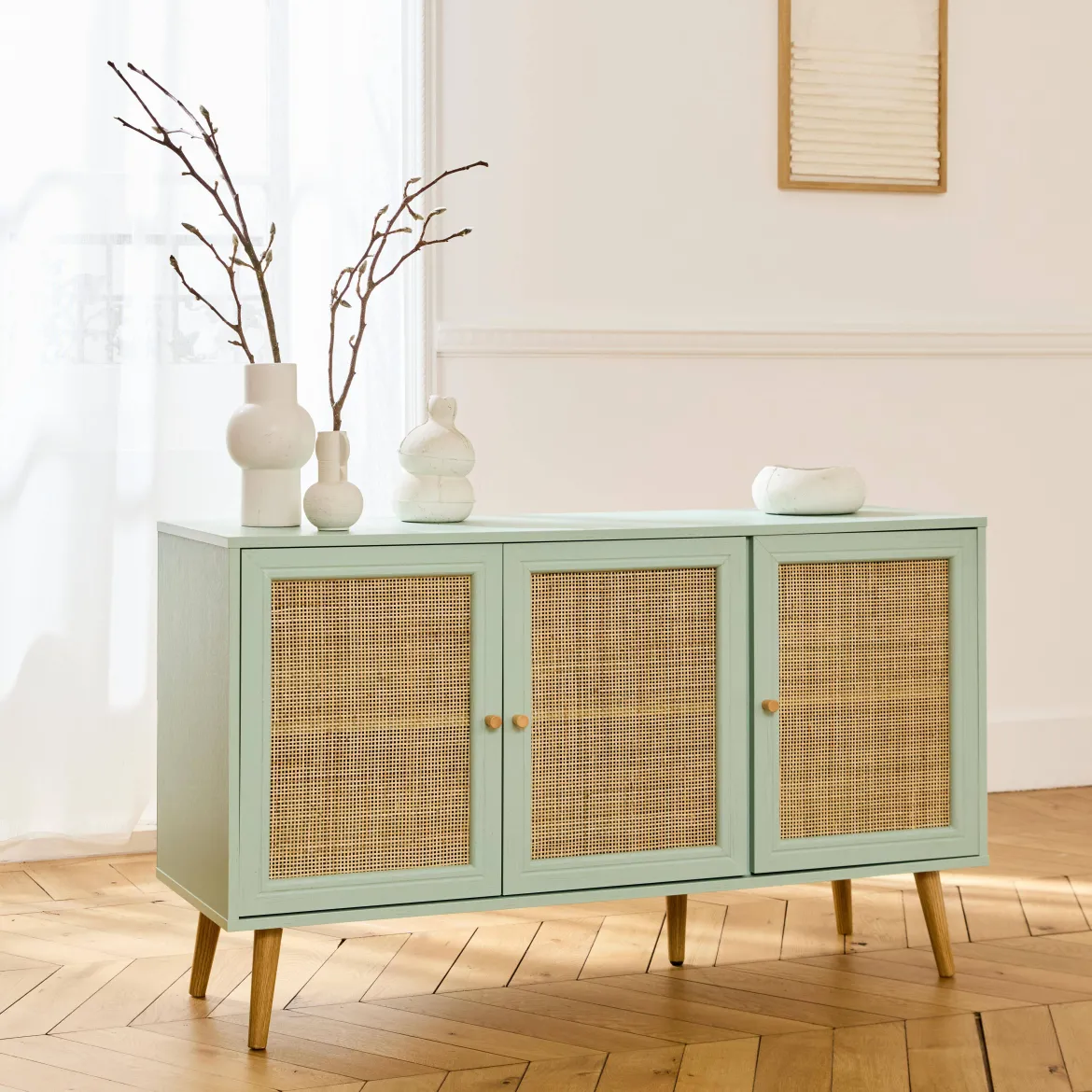 Credenza 3 ante in cannage, 120 cm