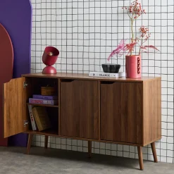 Credenza effetto noce con 3 ante e 3 ripiani, 120cm
