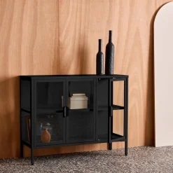 Credenza industriale in metallo e vetro temperato 3 ante, 100cm