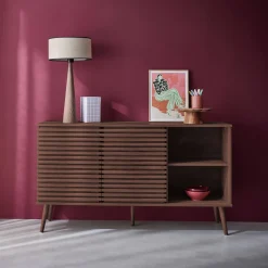 Credenza scandinava in legno con 2 ante scorrevoli scanalate, 140cm