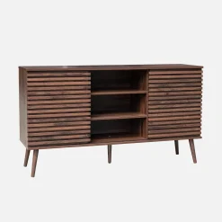 Credenza scandinava in legno con 2 ante scorrevoli scanalate, 140cm