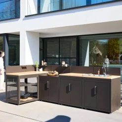 Cucina da esterno 5 moduli acciaio e decorazione in legno