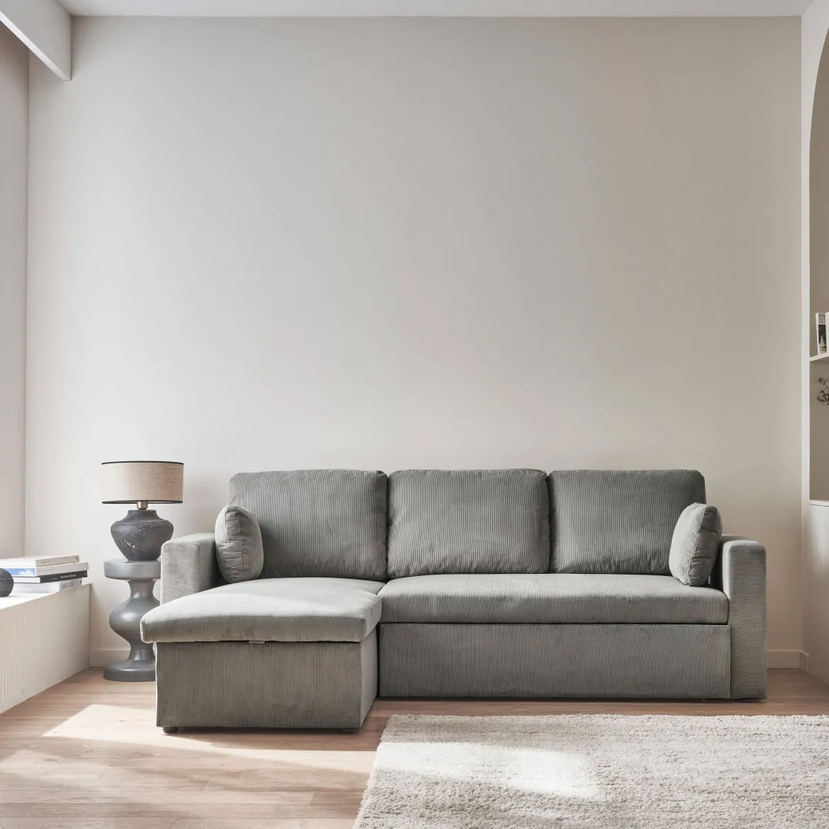 Divano letto angolare reversibile in velluto a coste, 3 posti