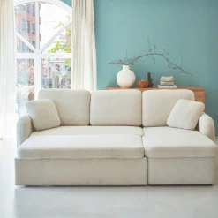 Divano letto angolare reversibile in bouclé con contenitore, 3 posti
