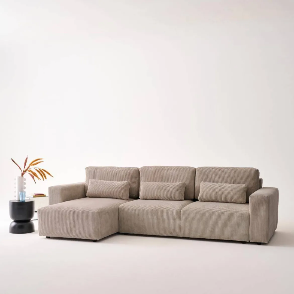 Divano letto angolare reversibile con contenitore in velluto a coste, da 3 a 5 posti