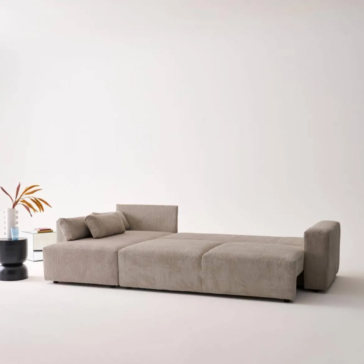 Divano letto angolare reversibile con contenitore in velluto a coste, da 3 a 5 posti