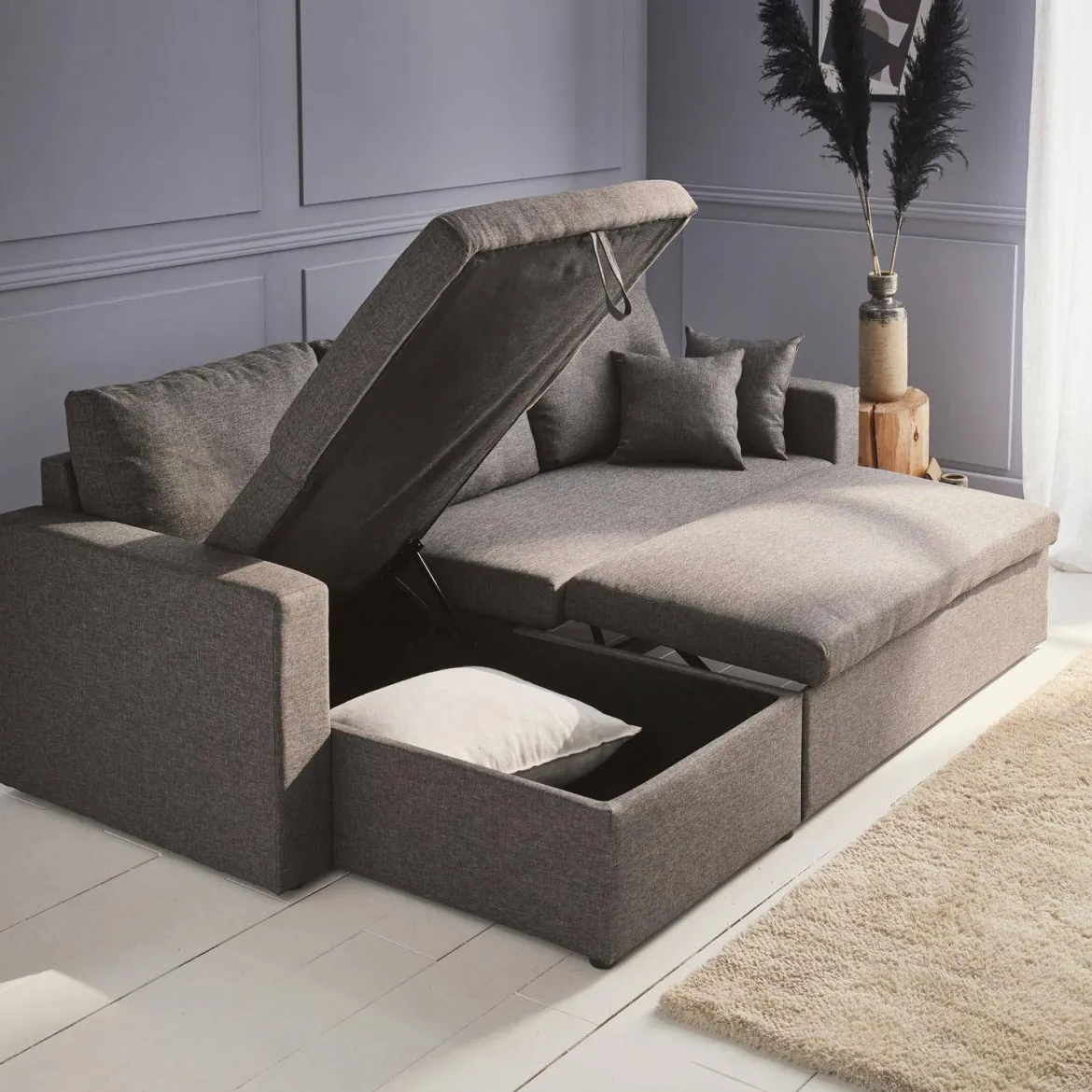 Divano letto angolare reversibile con contenitore, 3 posti