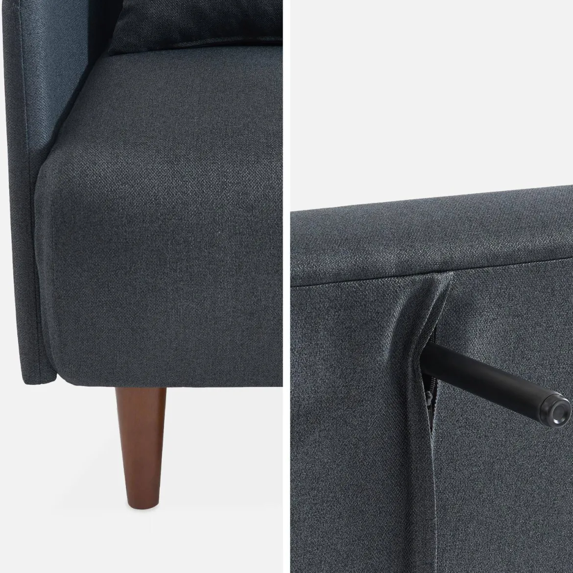 Divano letto clic-clac in tessuto con gambe in legno, 2 posti