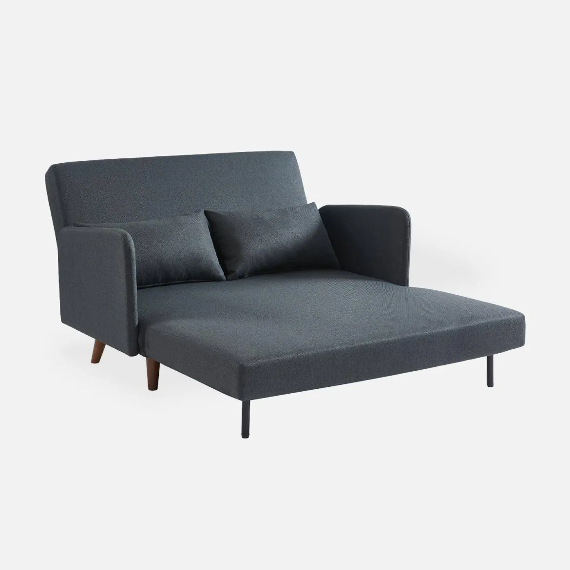 Divano letto clic-clac in tessuto con gambe in legno, 2 posti