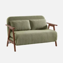 Divano letto convertibile 2 posti in legno di hevea tinto noce chiaro e tessuto bouclé