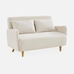Divano letto in bouclé con gambe in legno, 2 posti