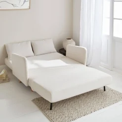 Divano letto in bouclé con gambe in legno, 2 posti