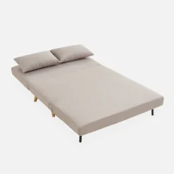 Divano letto in tessuto con gambe in legno, 2 posti