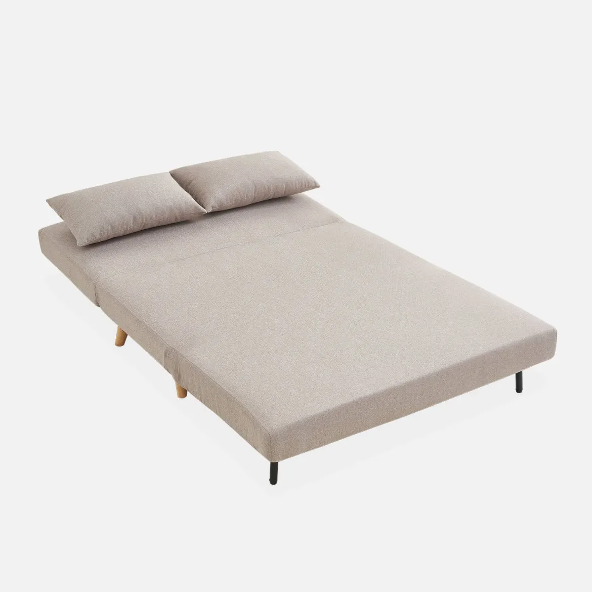 Divano letto in tessuto con gambe in legno, 2 posti