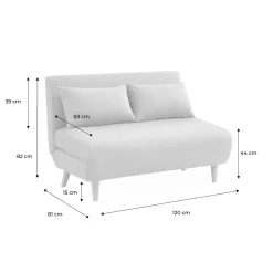 Divano letto in tessuto con gambe in legno, 2 posti