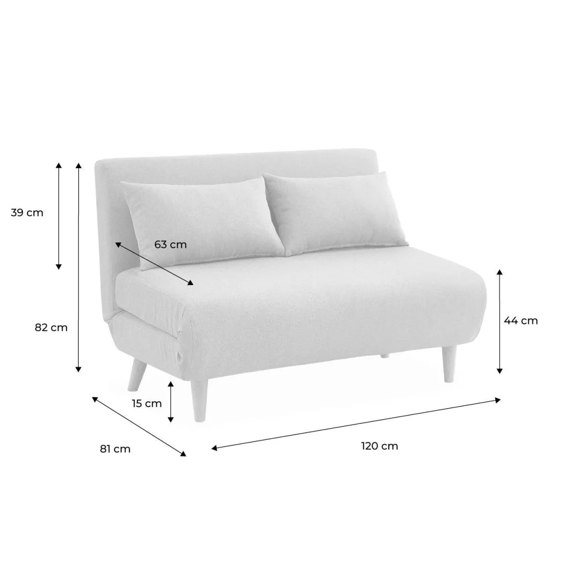 Divano letto in tessuto con gambe in legno, 2 posti