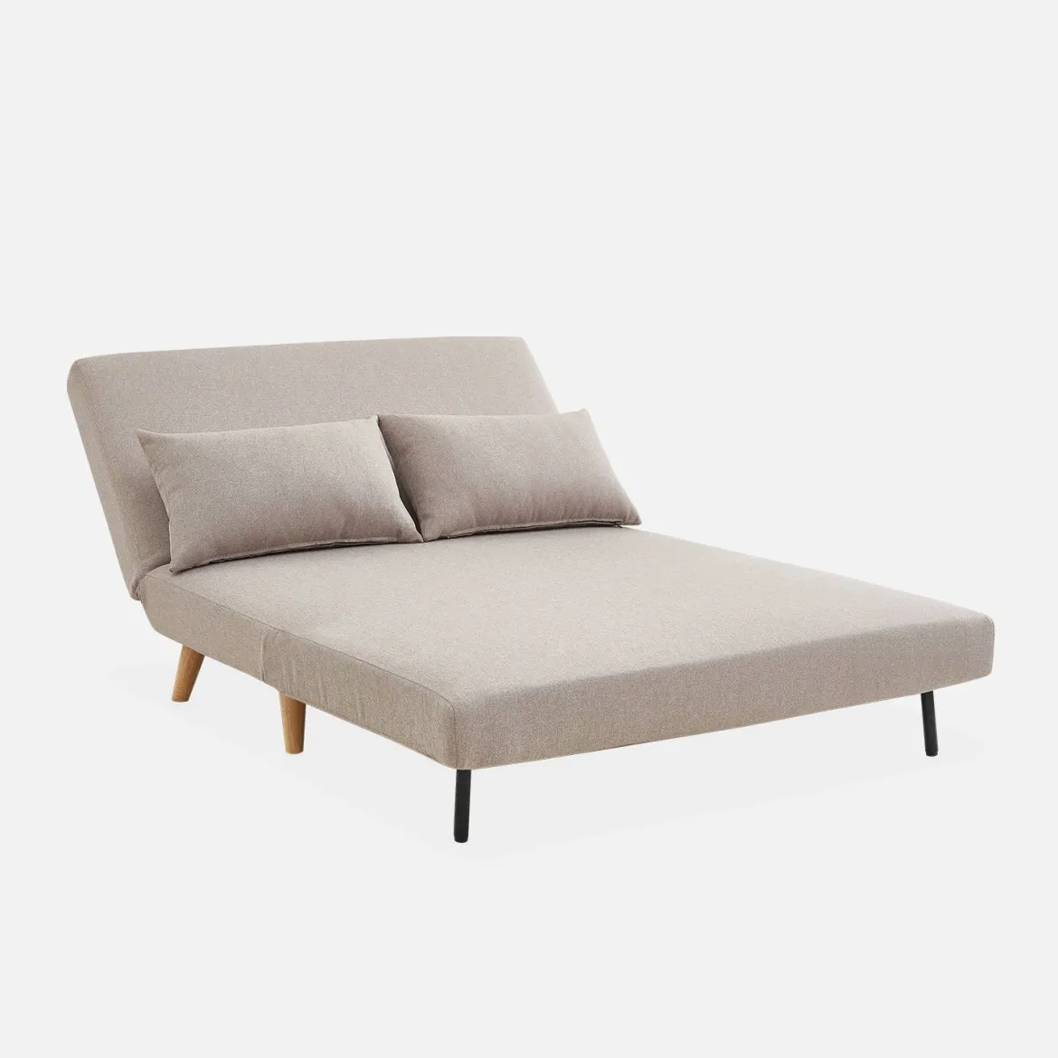 Divano letto in tessuto con gambe in legno, 2 posti