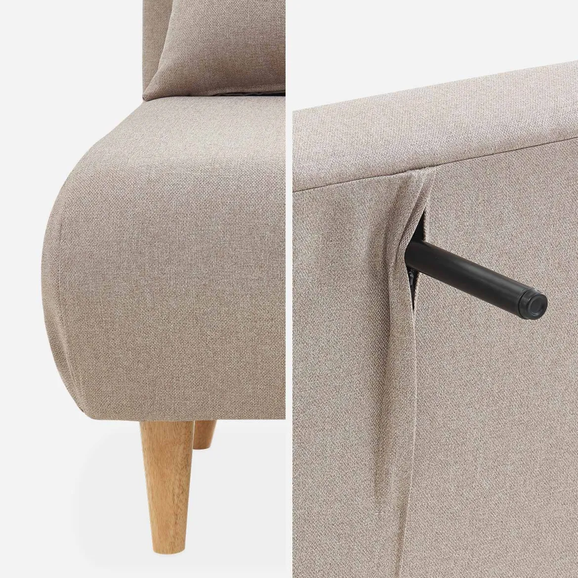 Divano letto in tessuto con gambe in legno, 2 posti