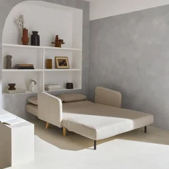 Divano letto in velluto a coste con gambe in legno, 2 posti