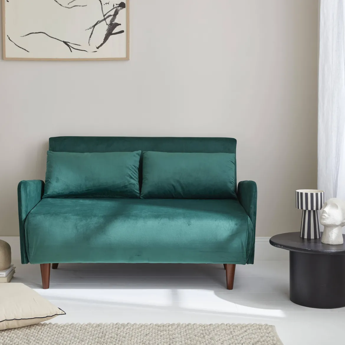 Divano letto in velluto con gambe in legno, 2 posti