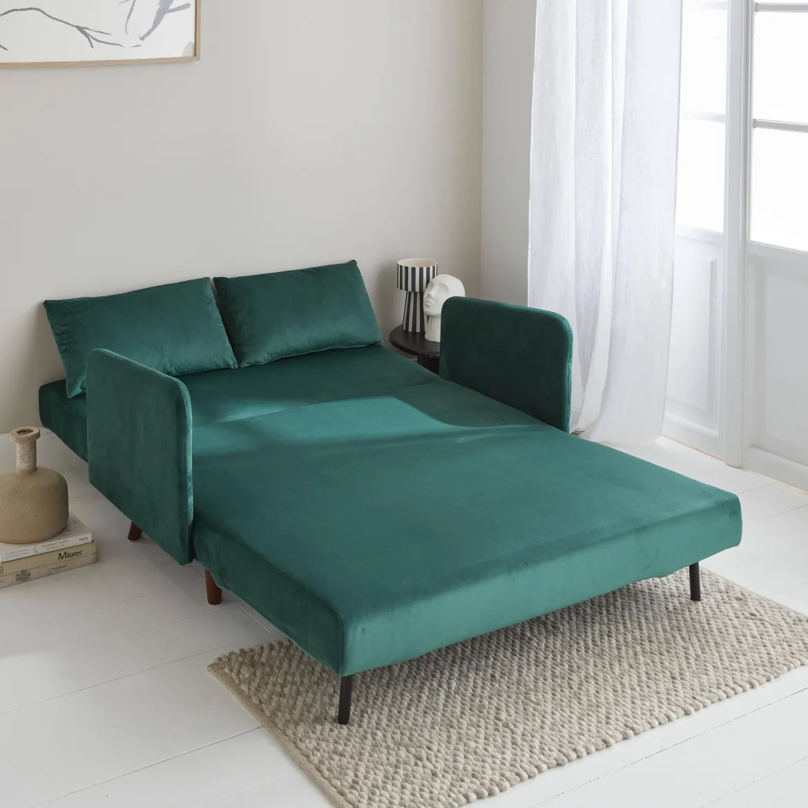 Divano letto in velluto con gambe in legno, 2 posti