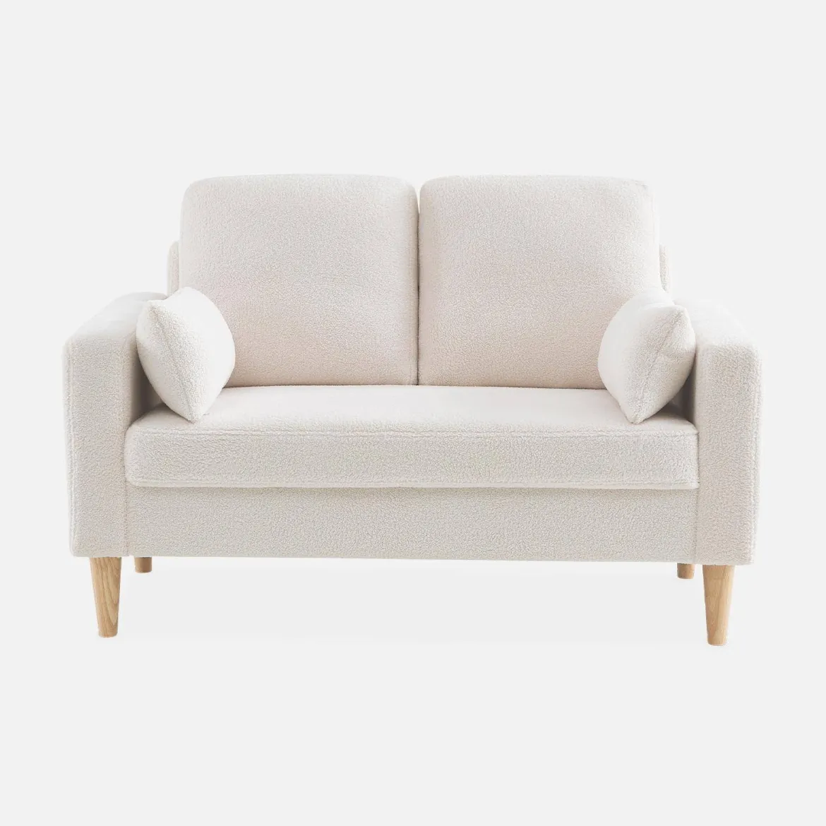 Divano scandinavo in tessuto bouclé e legno, 2 posti