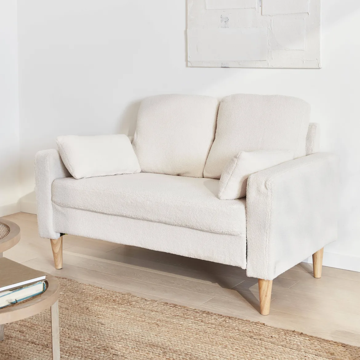 Divano scandinavo in tessuto bouclé e legno, 2 posti