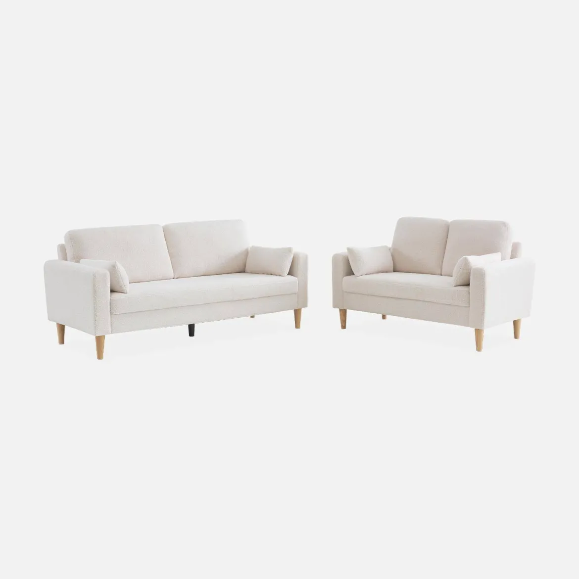 Divano scandinavo in tessuto bouclé e legno, 2 posti