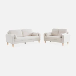 Divano stile scandinavo in legno e bouclé, 3 posti