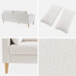 Divano stile scandinavo in legno e bouclé, 3 posti